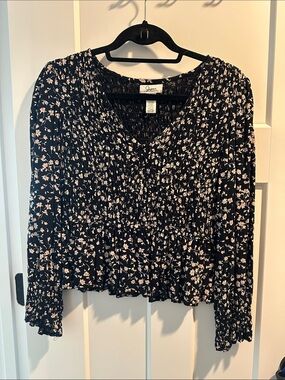 Japna Black Long-Sleeve Smocked Floral Blouse with Light Pink Flowers